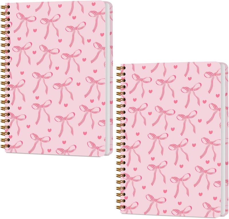 CQM 2 Packs Pink Bow Spiral Notebook College Ruled Trendy Notebook Journal Preppy Coquette Stuff Gifts for Women Teen Girls Journals for Writing Journaling Notebooks Office Classroom Supplies - Image 1